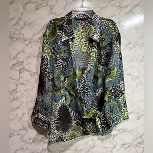 Lafayette 148 Womens Top Linen Blend Floral Print Blue Brown Front Tie Size 8